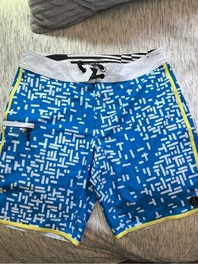 Volcom Blue & White Geometric Men's Board Shorts with Yellow Trim